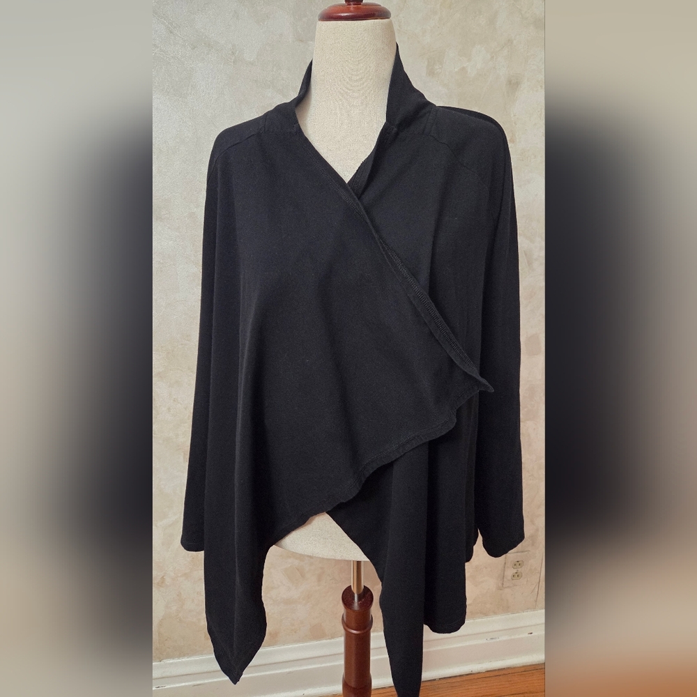 Zella Black Draped Open Front Cardigan Jacket Size L Soft Stretch Athleisure Lay